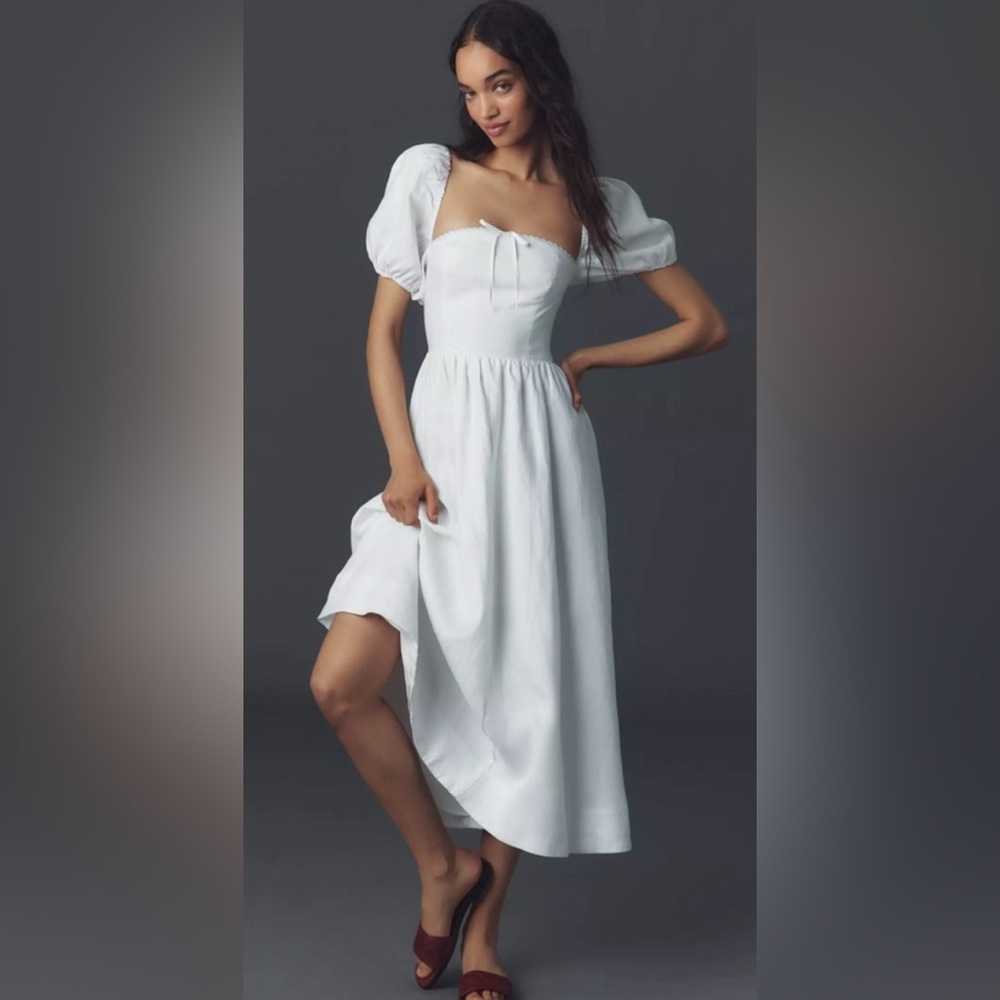 Reformation White Midi Dress with Puff Sleeves